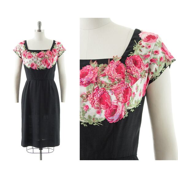 Vintage 1950s Cocktail Dress 50s PEGGY HUNT Silk Rose Sequin Black Linen Party